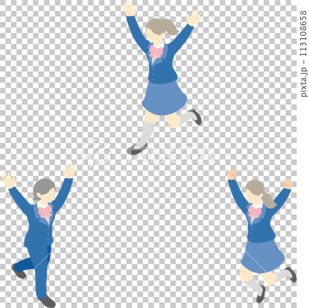 Isometric bird's-eye view people female students jumping happy diversity illustration material set Isometric bird's-eye view people female students jumping happy diversity illustration material set 113108658