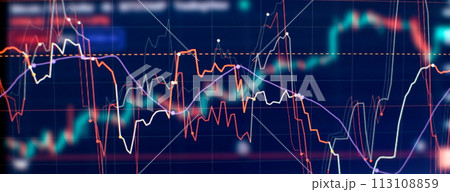 Technical price graph and indicator, red and green candlestick chart on blue theme screen, market volatility, up and down trend. Stock trading, crypto currency background. 113108859