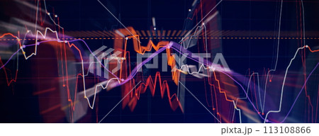 Technical price graph and indicator, red and green candlestick chart on blue theme screen, market volatility, up and down trend. Stock trading, crypto currency background. Technical price graph and indicator, red and green candlestick chart on blue theme screen, market volatility, up and down trend. Stock trading, crypto currency background. 113108866