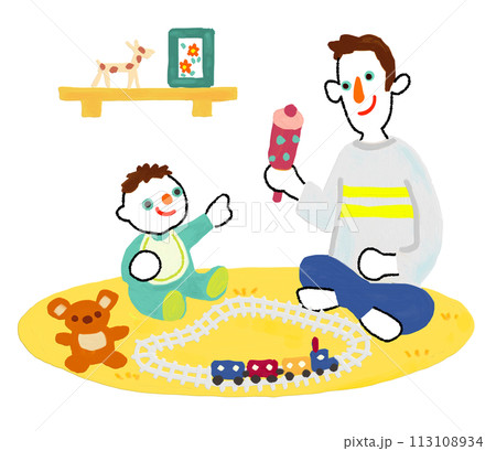 リビングで赤ちゃんと遊ぶお父さん　イクメン　電車のおもちゃ　育児休暇 113108934