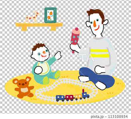 リビングで赤ちゃんと遊ぶお父さん　イクメン　電車のおもちゃ　育児休暇 113108934