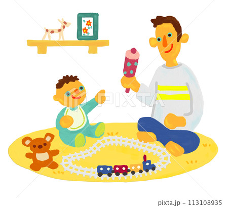 リビングで赤ちゃんと遊ぶお父さん　イクメン　電車のおもちゃ　育児休暇 113108935