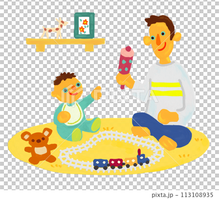 リビングで赤ちゃんと遊ぶお父さん　イクメン　電車のおもちゃ　育児休暇 113108935