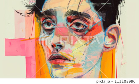 Young man's face painted with aerosol paint. Street art graffiti style 113108996
