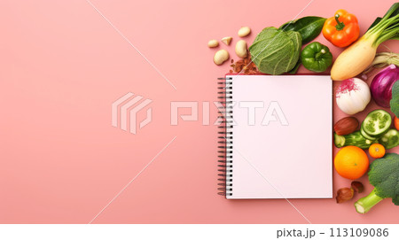Plan your healthy lifestyle! A spiral notebook with a blank page is surrounded by colorful vegetables on a bright pink background Plan your healthy lifestyle! A spiral notebook with a blank page is surrounded by colorful vegetables on a bright pink background 113109086