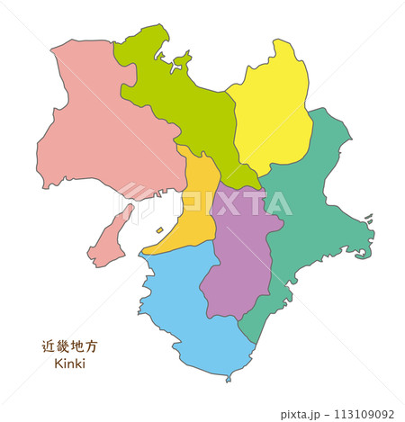 近畿地方、近畿地方の各県の地図、カラフルで明るい 近畿地方、近畿地方の各県の地図、カラフルで明るい 113109092