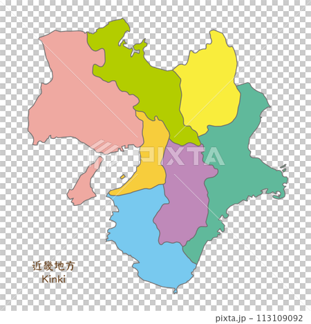 近畿地方、近畿地方の各県の地図、カラフルで明るい 近畿地方、近畿地方の各県の地図、カラフルで明るい 113109092
