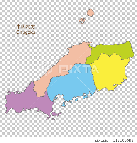 Map of the Chugoku region and each prefecture in the Chugoku region, colorful and bright 113109093