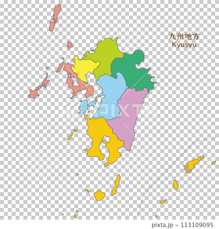 包括偏遠島嶼在內的九州地區各縣的色彩鮮豔的地圖 包括偏遠島嶼在內的九州地區各縣的色彩鮮豔的地圖 113109095