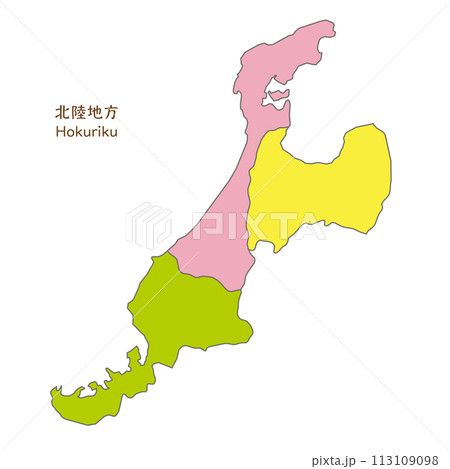 北陸地方、北陸地方の各県の地図、カラフルで明るい 北陸地方、北陸地方の各県の地図、カラフルで明るい 113109098