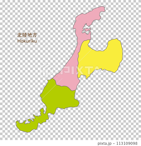 北陸地方、北陸地方の各県の地図、カラフルで明るい 北陸地方、北陸地方の各県の地図、カラフルで明るい 113109098