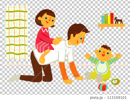 父親在客廳和孩子們玩耍，騎馬，帥哥，育嬰假 113109101