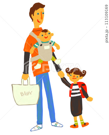 保育園と小学校に送るお父さん　イクメン　育児休暇 113109169