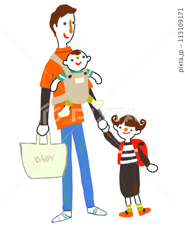 保育園と小学校に送るお父さん　イクメン　育児休暇 113109171