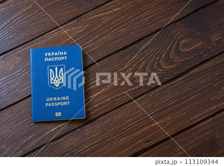 ukrainian passport and 100 euro banknotes 113109344