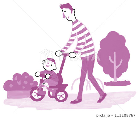 三輪車に乗って公園で散歩する親子　イクメン　 113109767