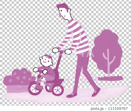 三輪車に乗って公園で散歩する親子　イクメン　 113109767