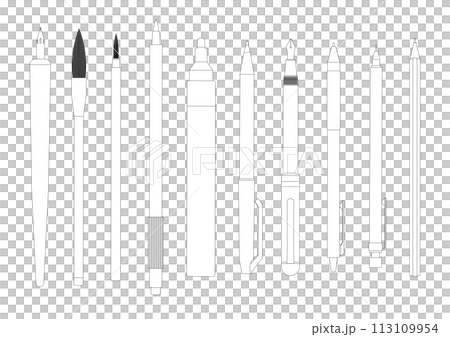 Line drawing illustration set of writing instruments 113109954