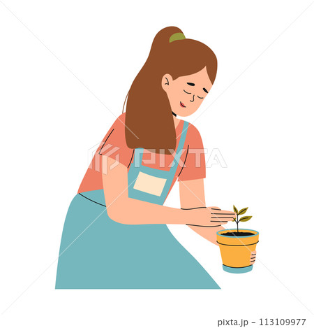 Happy woman in apron takes care of a houseplant. Urban gardening. Vector illustration. 113109977