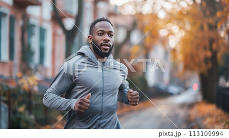 Young african american man jogging in city on autumn day 113109994