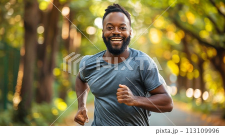 Cheerful african american man jogging in the park 113109996