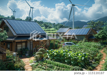 In the foreground, quaint country homes stand proudly, adorned with solar panels glistening under the sun's rays 113110187