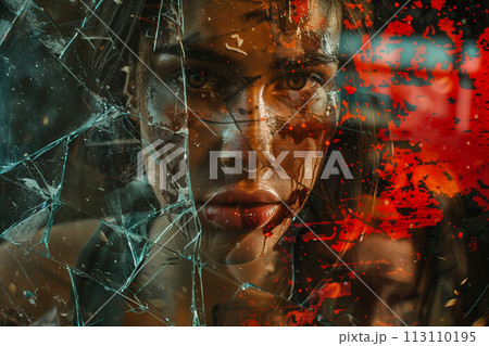 Woman Looking Through Broken Glass Window Woman Looking Through Broken Glass Window 113110195