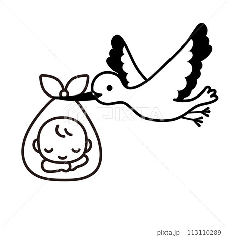 コウノトリに運ばれている赤ちゃんのイラスト 113110289