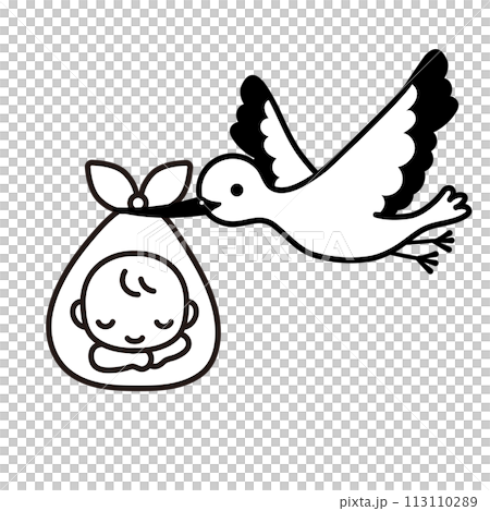 コウノトリに運ばれている赤ちゃんのイラスト 113110289