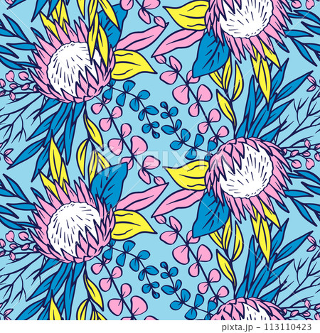 Seamless pattern with protea flowers on blue background Seamless pattern with protea flowers on blue background 113110423