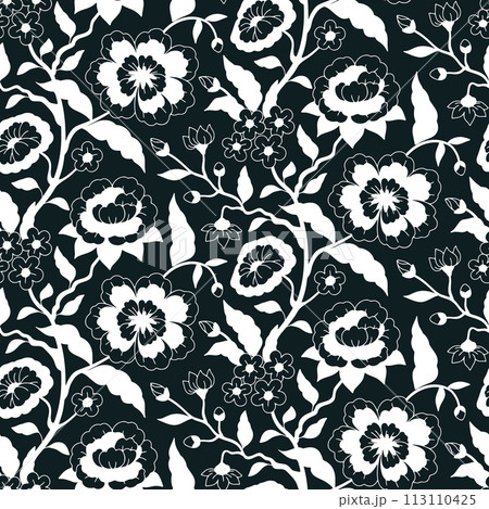 Seamless pattern with monochrome chinoiserie hand drawn motifs Seamless pattern with monochrome chinoiserie hand drawn motifs 113110425