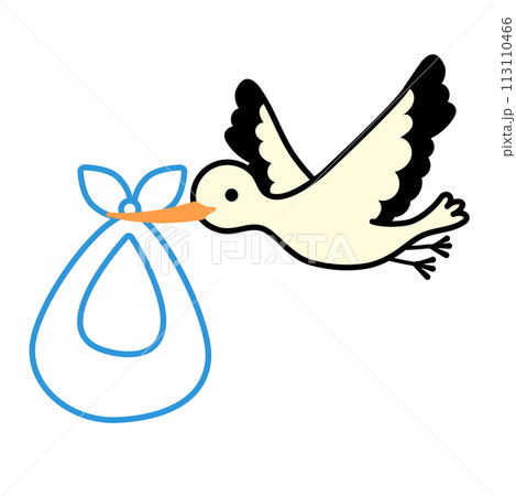コウノトリに運ばれている包みのイラスト コウノトリに運ばれている包みのイラスト 113110466