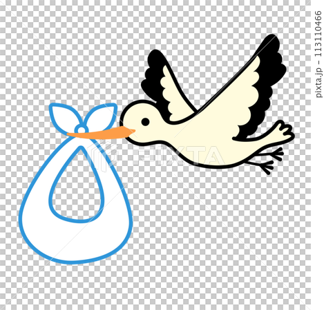 コウノトリに運ばれている包みのイラスト コウノトリに運ばれている包みのイラスト 113110466