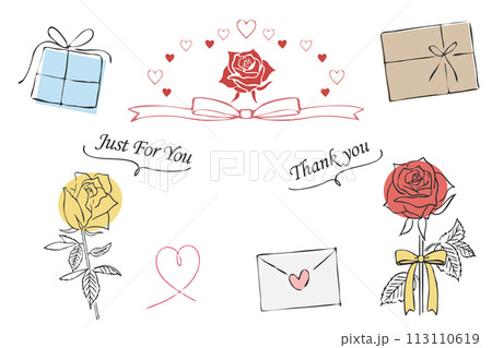 手描き線画のバラとギフトのイラストセット 113110619