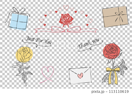 手描き線画のバラとギフトのイラストセット 113110619