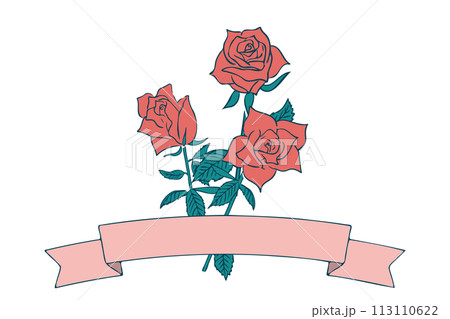 リボンバナーのついた赤いバラの花束 リボンバナーのついた赤いバラの花束 113110622