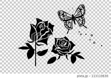 バラと蝶のシルエットイラスト 113110630