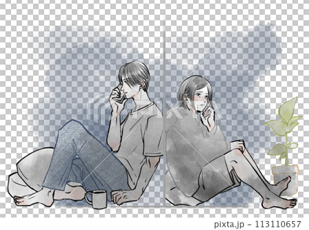 A man and a woman standing back to back talking on a smartphone 113110657