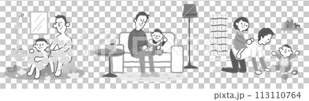 一位父親在客廳和孩子們玩耍、大聲讀書、洗澡。Ikumen。育嬰假。 一位父親在客廳和孩子們玩耍、大聲讀書、洗澡。Ikumen。育嬰假。 113110764