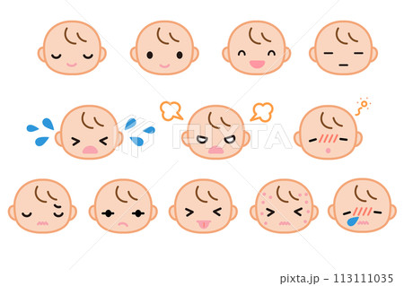いろいろな表情の赤ちゃんの顔のシンプルなイラストセット いろいろな表情の赤ちゃんの顔のシンプルなイラストセット 113111035