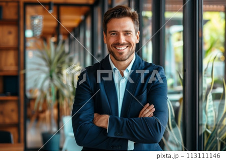 Confident Businessman  happy executive colleagues partners having conversation discussing standing in Modern corporate office 113111146