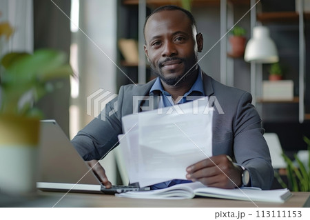 Confident Businessman  happy executive colleagues partners having conversation discussing standing in Modern corporate office 113111153