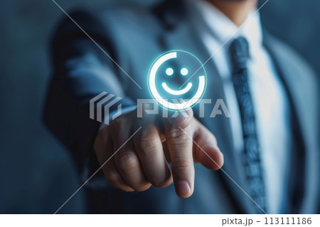 Confident Businessman  happy executive colleagues partners having conversation discussing standing in Modern corporate office 113111186