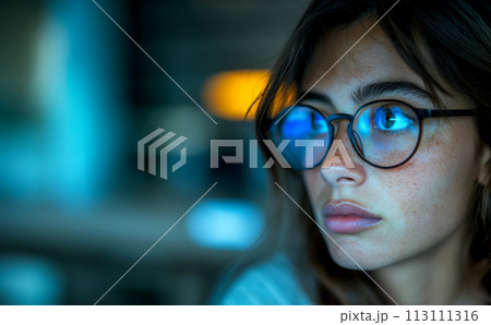 Medium shot portrait of a student wearing glasses, taking a programming course in a modern futuristic computerized university classroom, concept space Medium shot portrait of a student wearing glasses, taking a programming course in a modern futuristic computerized university classroom, concept space 113111316