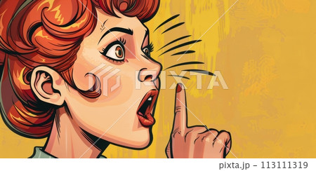 Pop art style, woman shows a gesture to be quiet, shut up 113111319