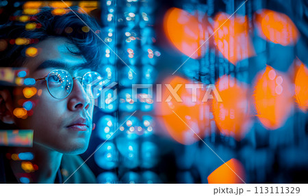 Close-up of a student wearing glasses looking at a data stream simulation, learning programming and data analysis in online courses. Close-up of a student wearing glasses looking at a data stream simulation, learning programming and data analysis in online courses. 113111329