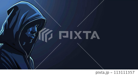 Portrait of hooded thief on the left side isolated on the dark blue background with copy space, crime concept 113111357
