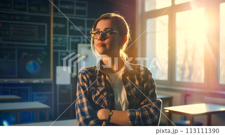 Portrait of a smiling girl against the background of a blackboard in the laboratory, a college student stands proudly in the classroom after successfully defending her work Portrait of a smiling girl against the background of a blackboard in the laboratory, a college student stands proudly in the classroom after successfully defending her work 113111390