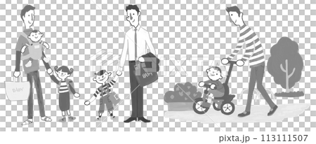 Parents and children taking a walk in the park with dad dropping them off at nursery school or elementary school, Ikumen, childcare leave Parents and children taking a walk in the park with dad dropping them off at nursery school or elementary school, Ikumen, childcare leave 113111507