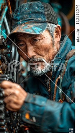 Vertical portrait of a mechanic repairing a tractor engine, the idea of the importance of labor and the concept of a Labor Day poster. Vertical portrait of a mechanic repairing a tractor engine, the idea of the importance of labor and the concept of a Labor Day poster. 113111574